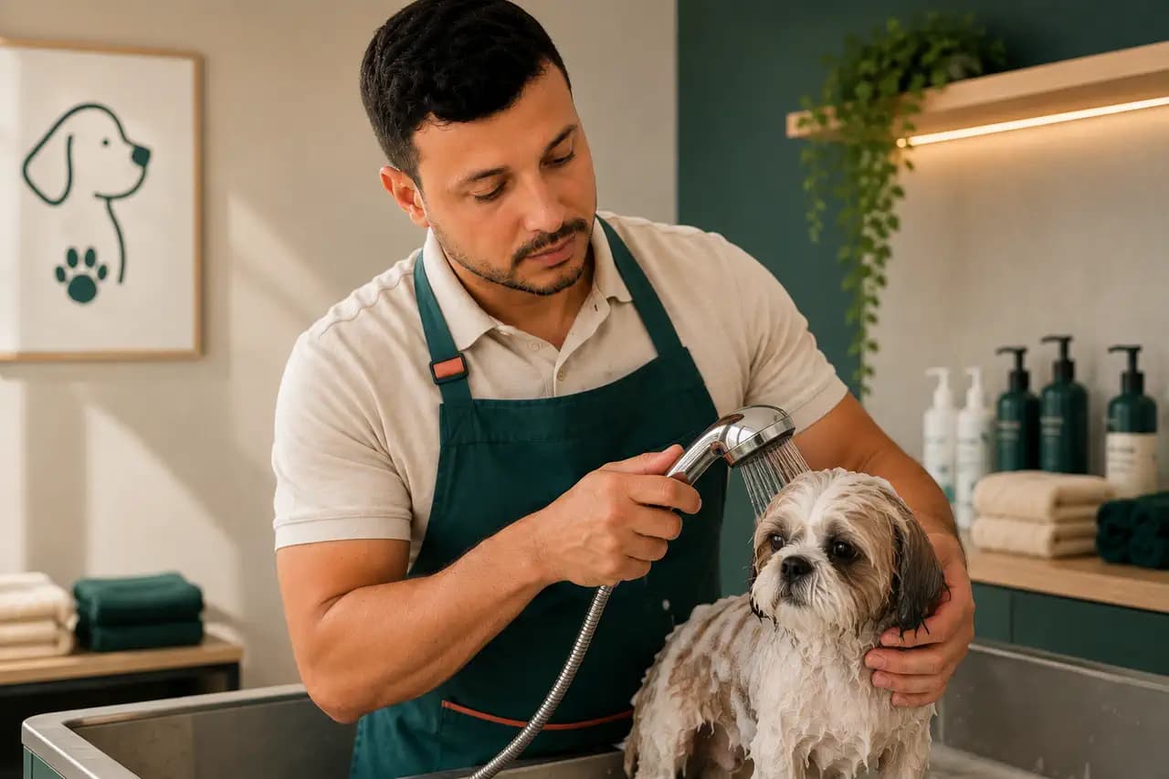 Rómulo Chaves Serra realizando cuidadosamente o banho de um cachorro