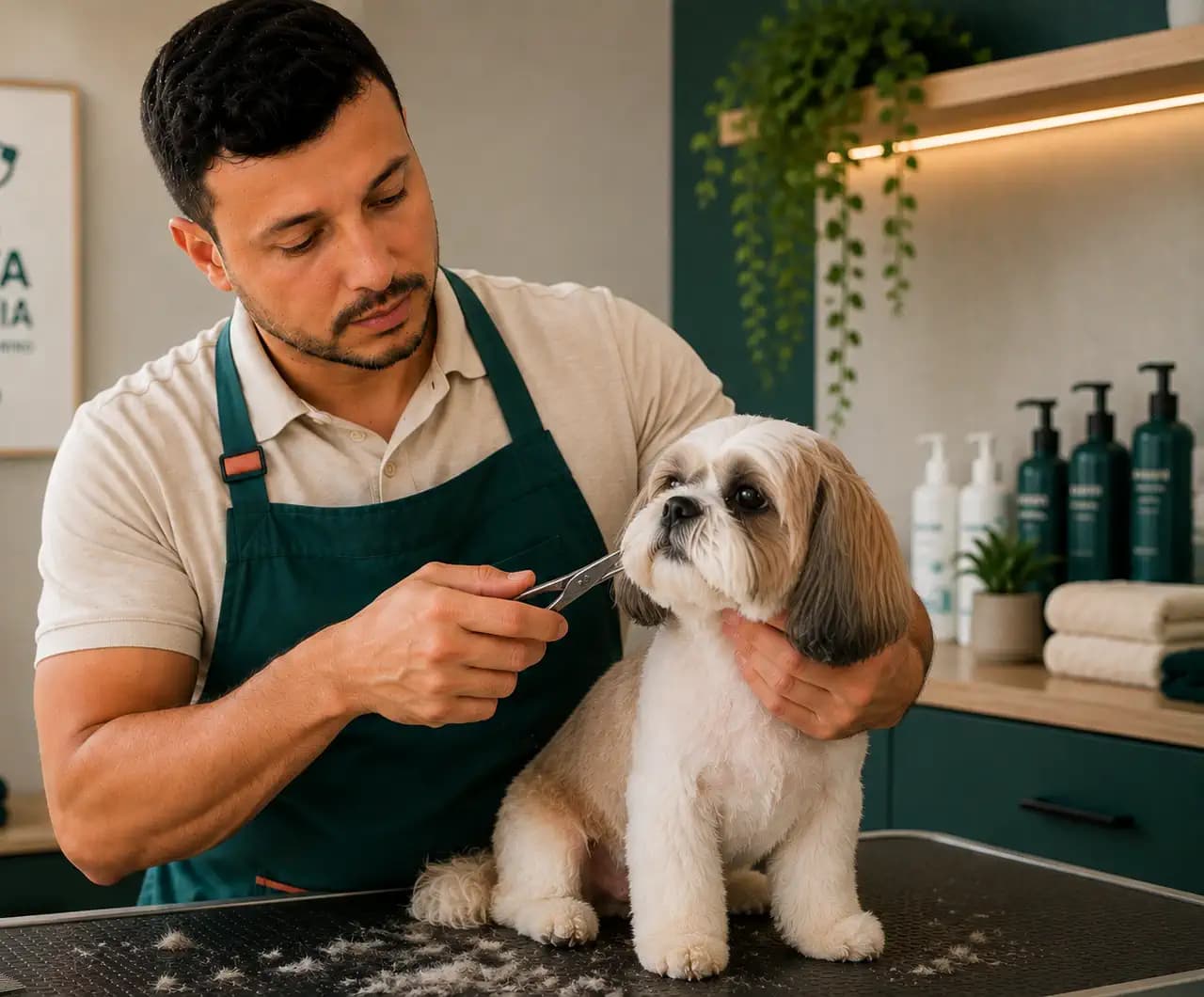 Rómulo Chaves Serra realizando o acabamento da tosa de um cachorro